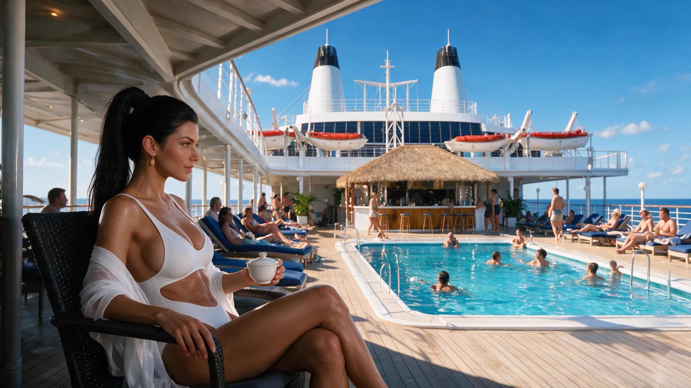 Iris seated beside the pool on the Calypso's Lido deck