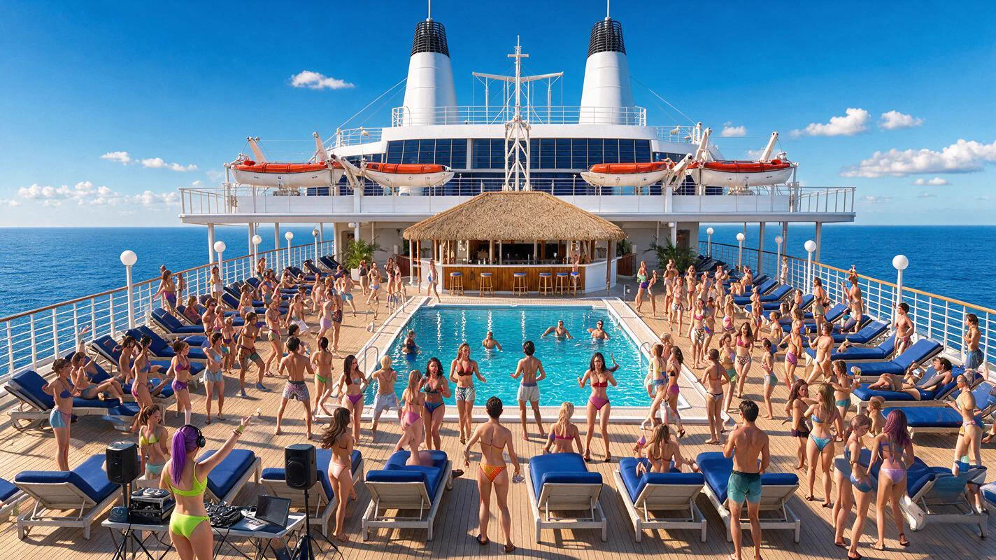 A crowded pool deck under a clear Mediterranean sky