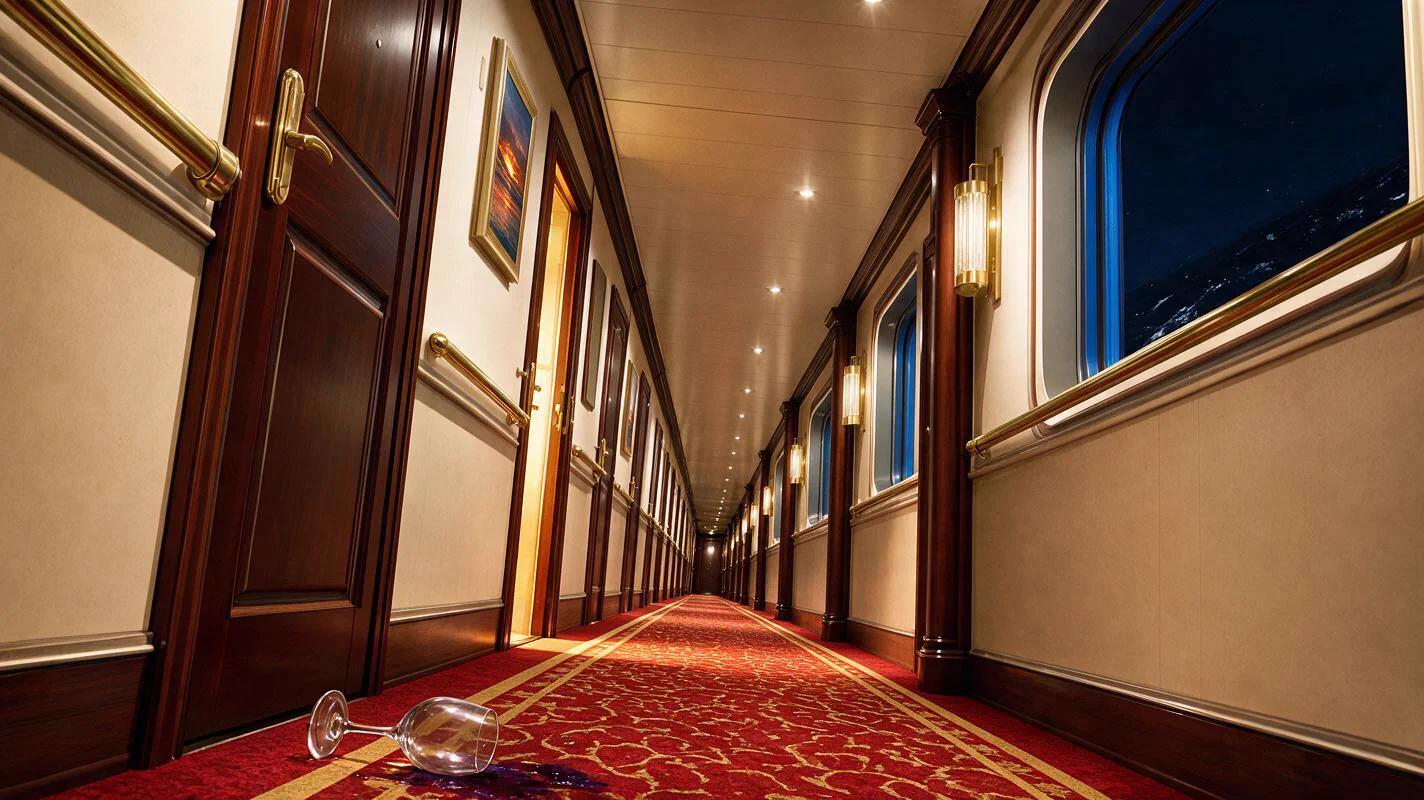 An open cabin door and a fallen glass in a corridor at night