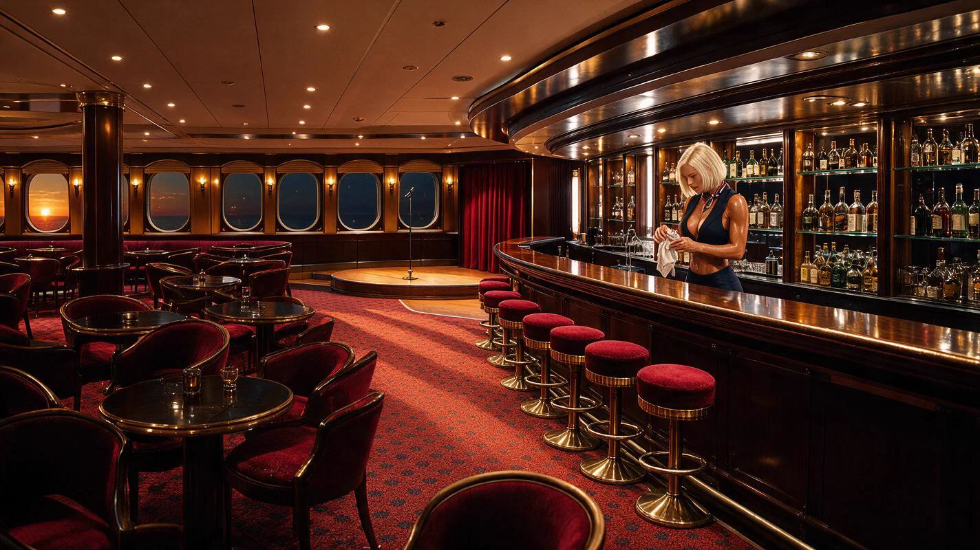 Rita alone behind the Aurora bar at sunset